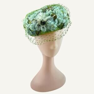 Vintage 1950s Green Floral Pillbox Hat Birdcage Veil Frost Bros Mid Century